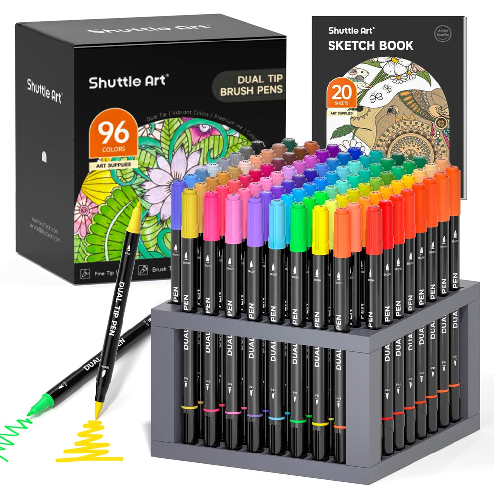 Shuttle Art dual-tip brush pen set with 96 colours for versatile lettering.