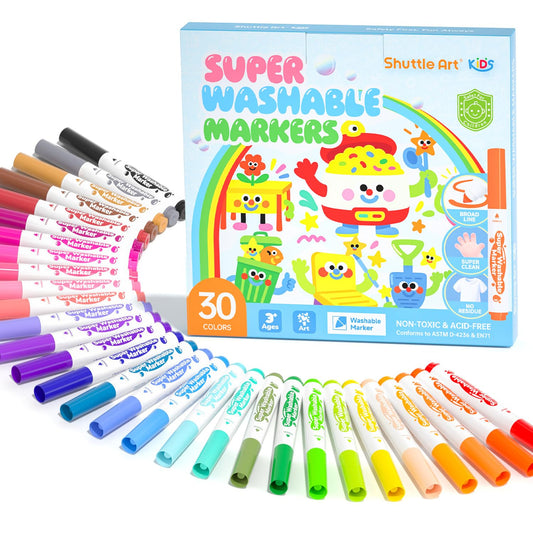 Shuttle Art super washable markers packaging showcases 30 colors for classroom creativity.