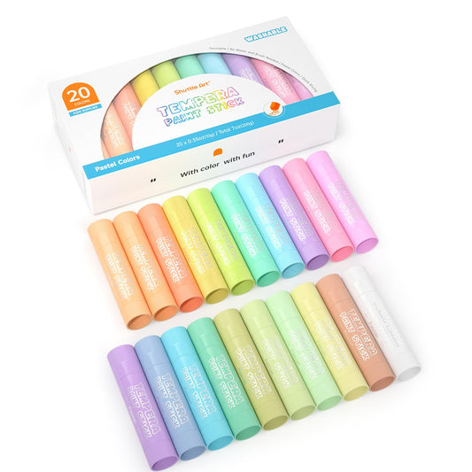 Shuttle Art tempera paint sticks swatch with 20 pastel colors for vibrant kid-friendly projects