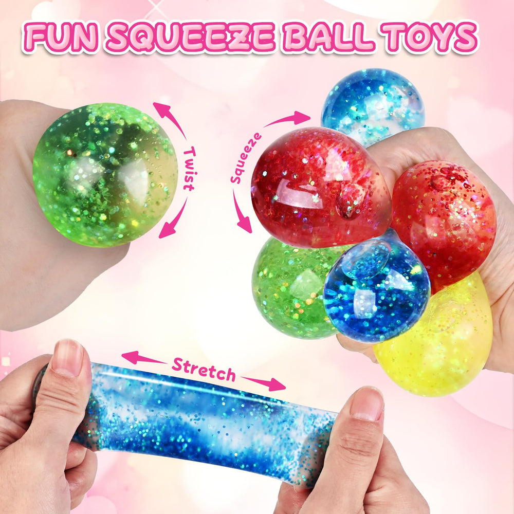 Durable, soft-touch squeeze balls with glitter accents included with valentines