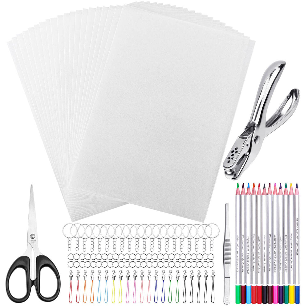 Shynek Shrinky Plastic Sheets ready for coloring on a blank surface.