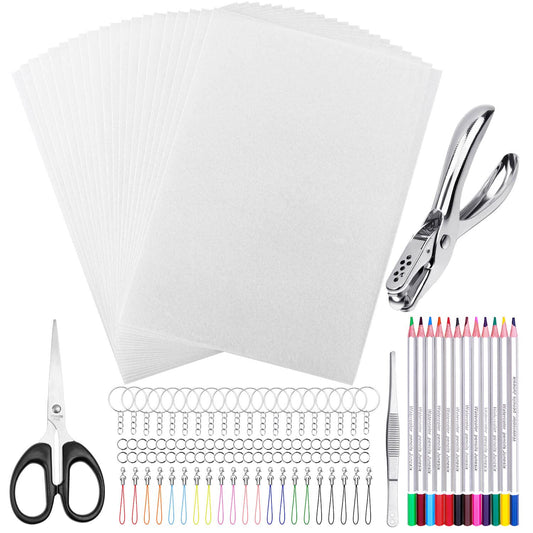 Shynek Shrinky Plastic Sheets ready for coloring on a blank surface.