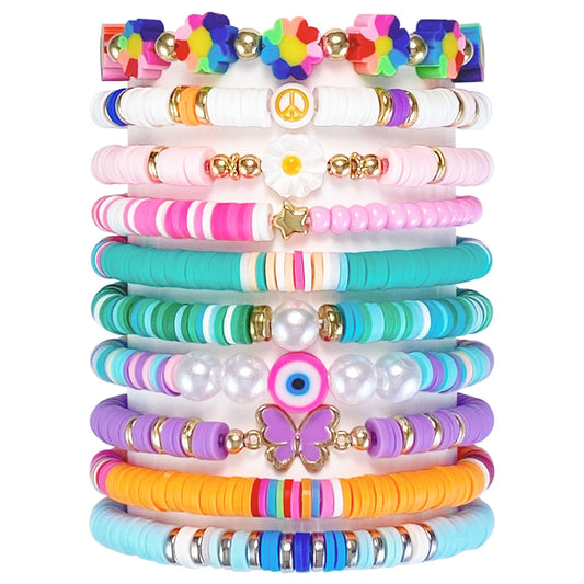 SIELEVIN 10-piece colorful clay bead bracelets for girls, ideal for playful summer outfits