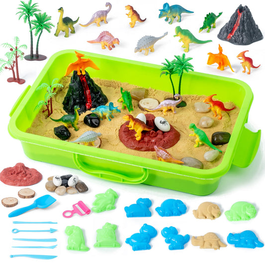 Sikmcle Dinosaur Sensory Bin setup with sand and dinosaurs for creative play