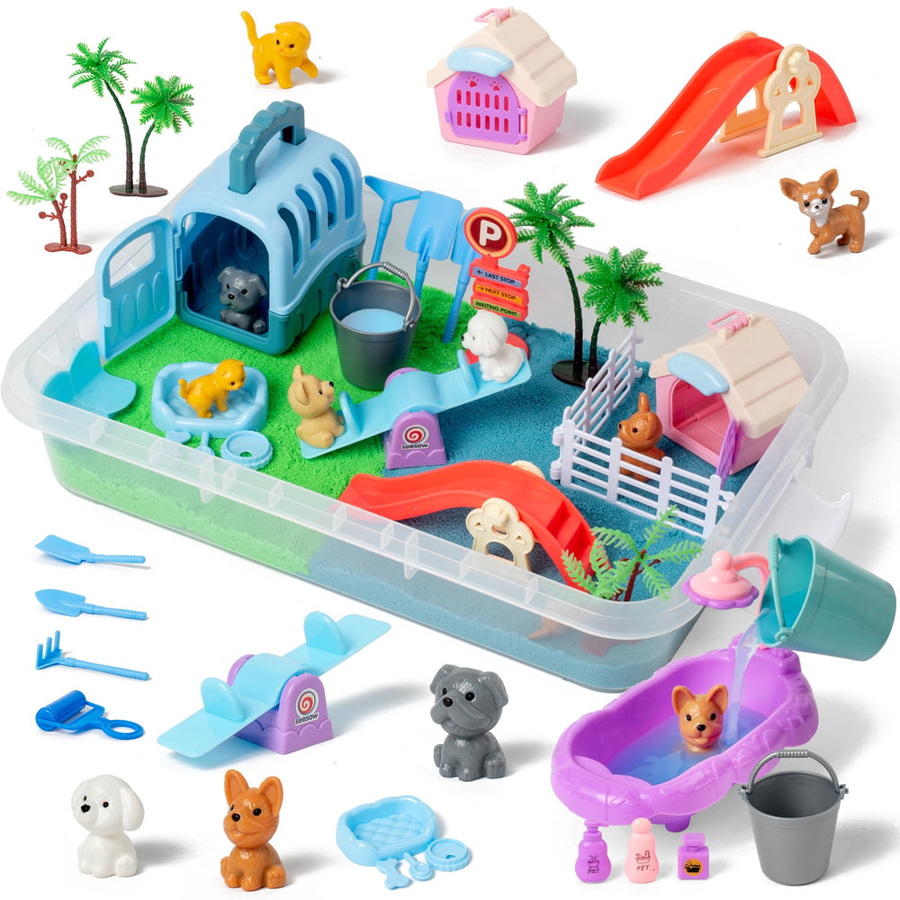 Sikmcle pet sensory bin setup enables organized, imaginative play.