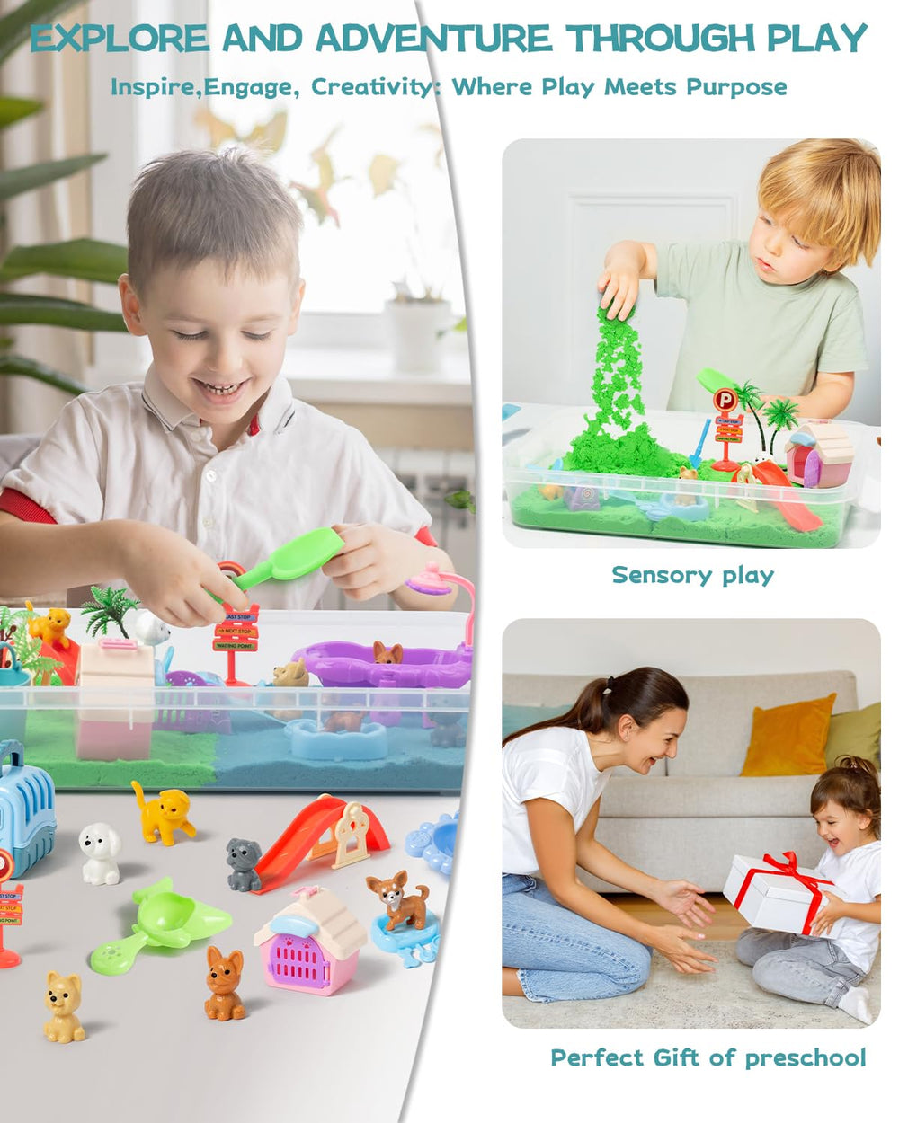 Sikmcle sand tools and buckets enhance fine motor skills.