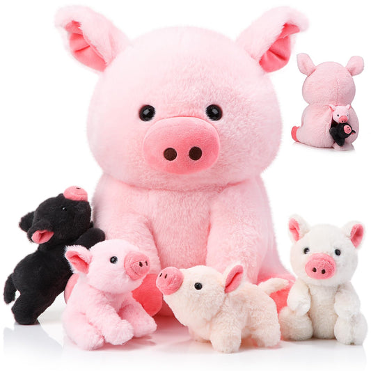 Silipull mommy pig 12-inch plush with four baby pigs, cozy bedtime companion.