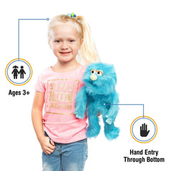 Silly Puppets Blue Monster Hand Puppet, side view highlights movable mouth.