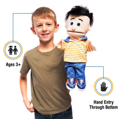 Silly Puppets Bobby Peach Boy hand puppet mouth movement detail supports expressive storytelling.