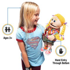 Cindy Peach Girl puppet showing removable clothing details for dress-up play