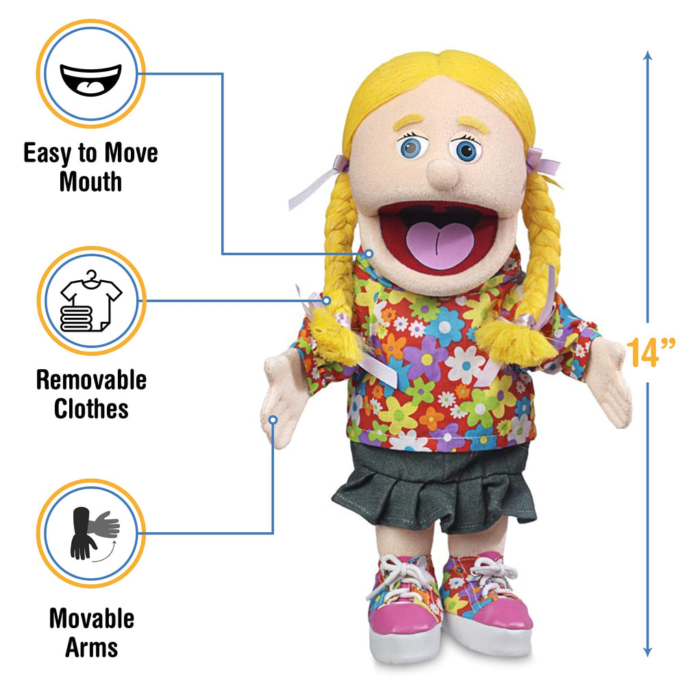 Close view of Cindy Peach Girl hand puppet in a friendly pose for imaginative play