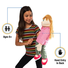 Silly Puppets Emily Peach Girl ventriloquist doll wearing a coordinated outfit for stage acts
