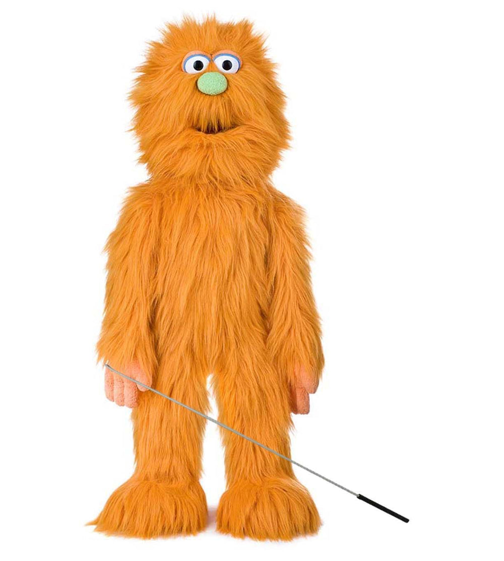 Silly Puppets orange monster puppet front view for stage performances and engaging storytelling.