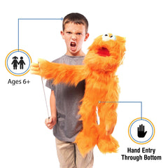 Silly Puppets orange monster puppet mouth movement close-up showing expressive mouth control.