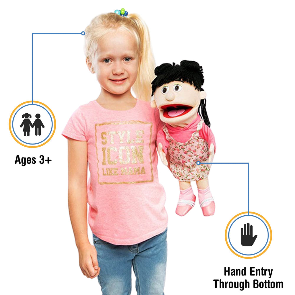 The Susie Peach Girl puppet features a bottom hand-entry for easy setup and use.