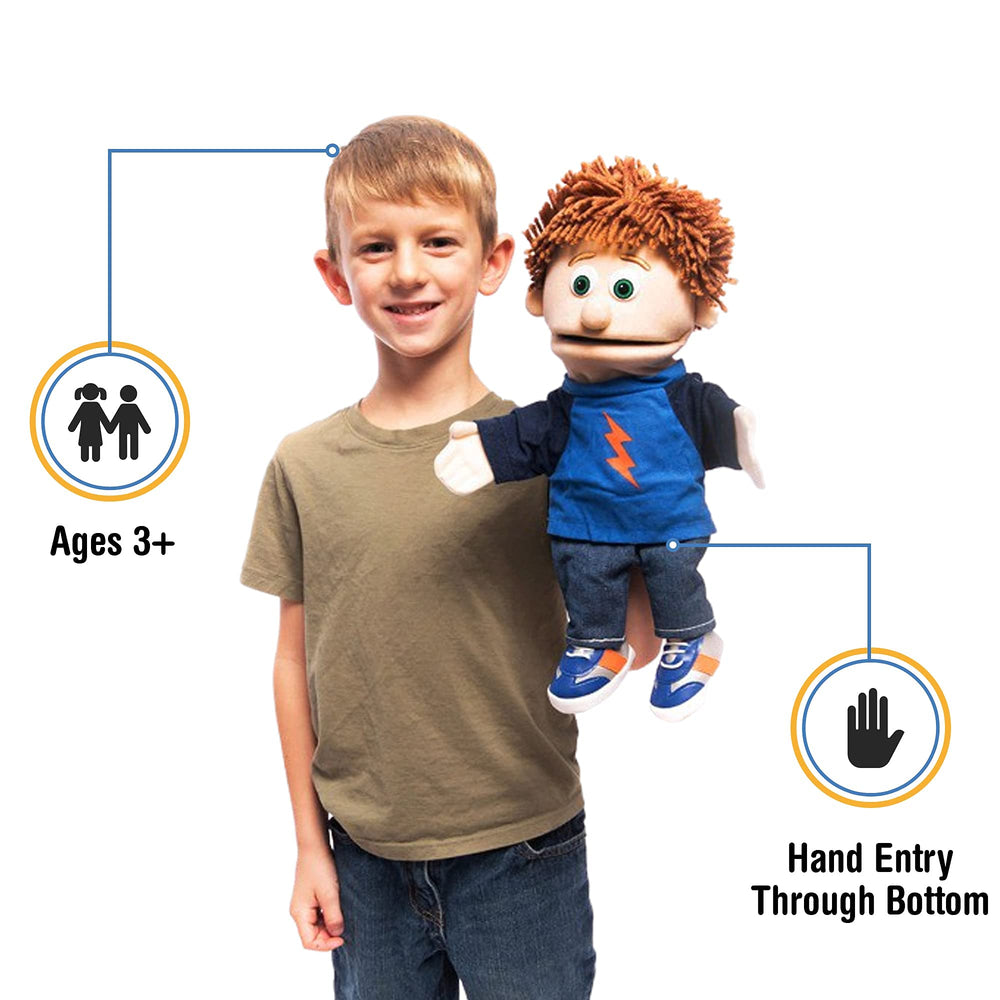 Silly Puppets Tommy Peach Boy puppet side view for easy manipulation