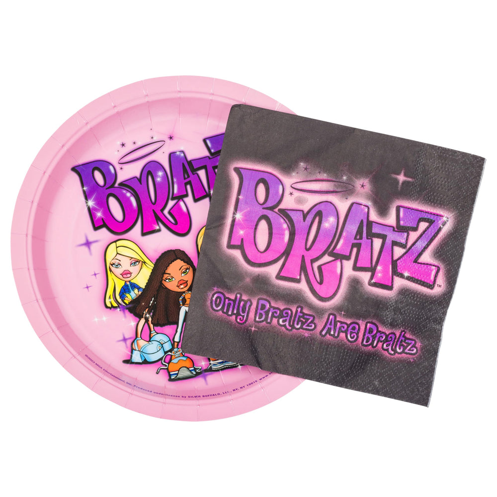 Silver Buffalo Bratz plates with airbrushed dolls for stylish party snacks.