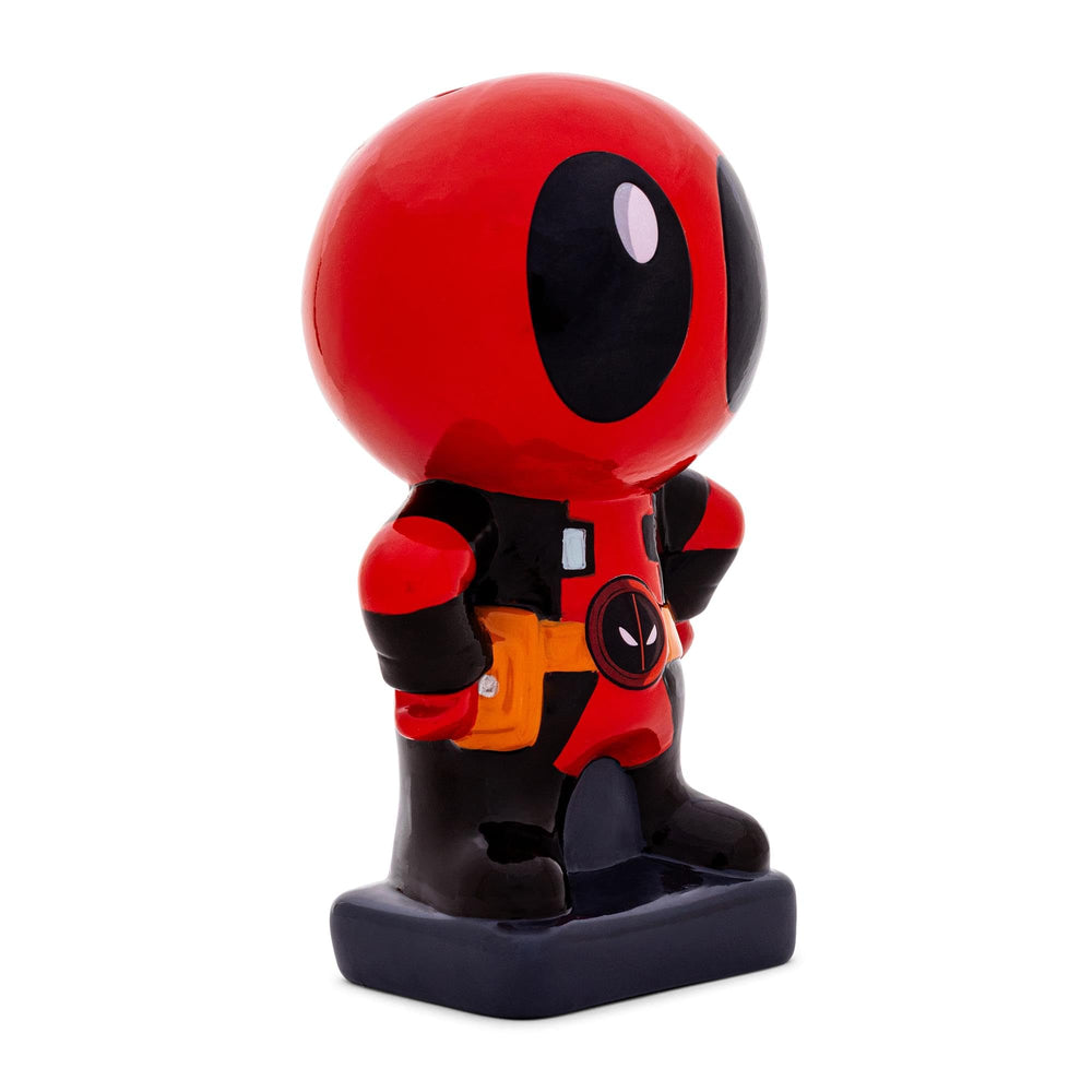 Silver Buffalo Deadpool Chibi Stance on desk display, perfect for fans.