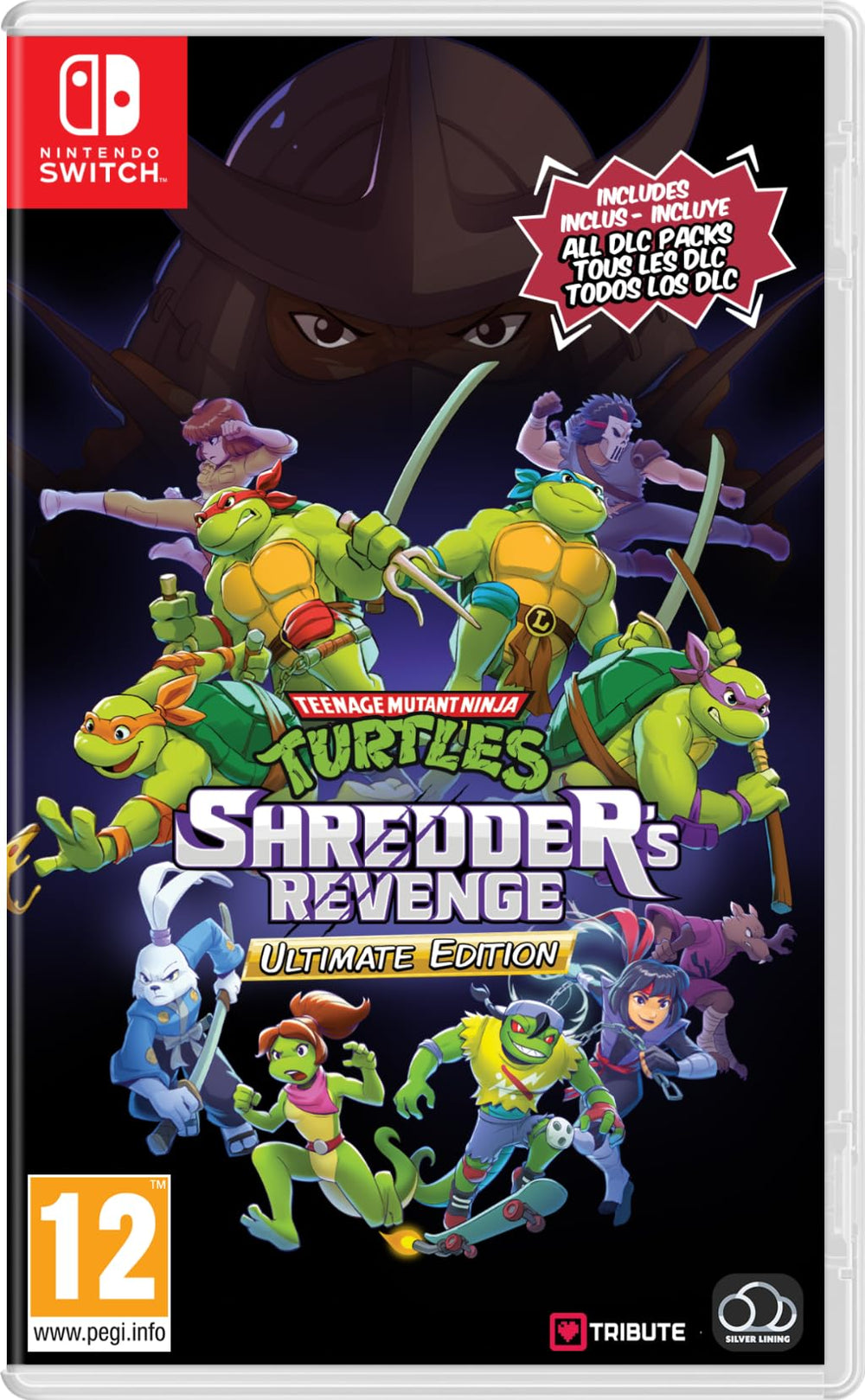 Silver Lining Interactive TMNT Shredder's Revenge Ultimate Edition cover with retro pixel art.