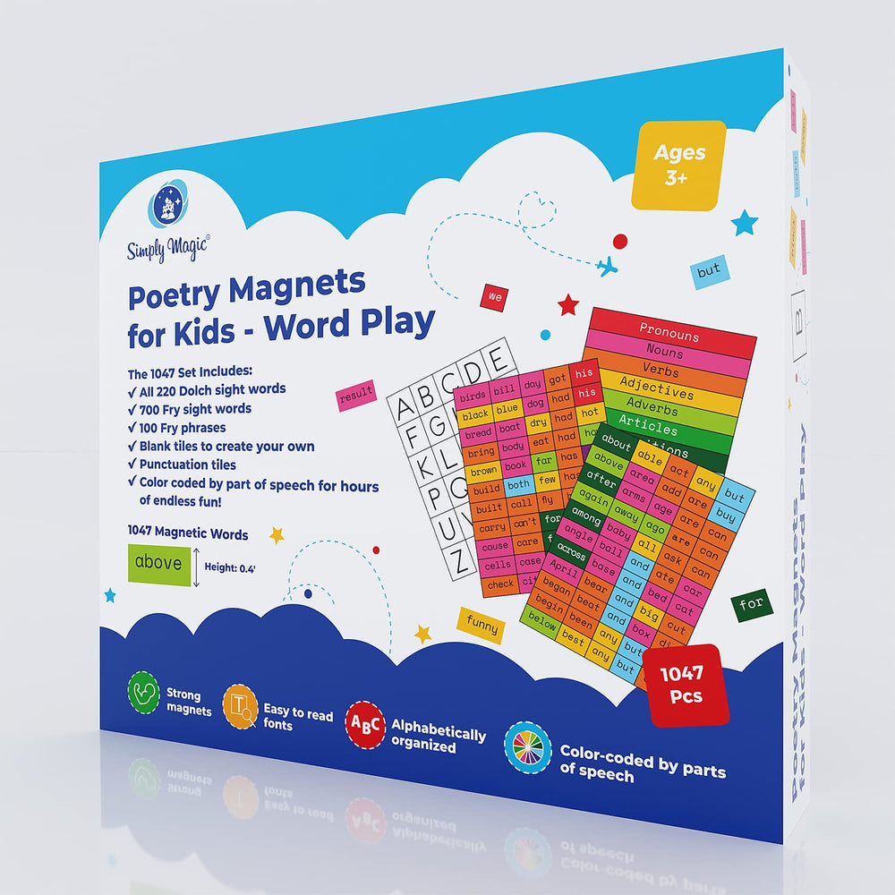 Simply Magic educational magnets on a fridge promote creative literacy at home.