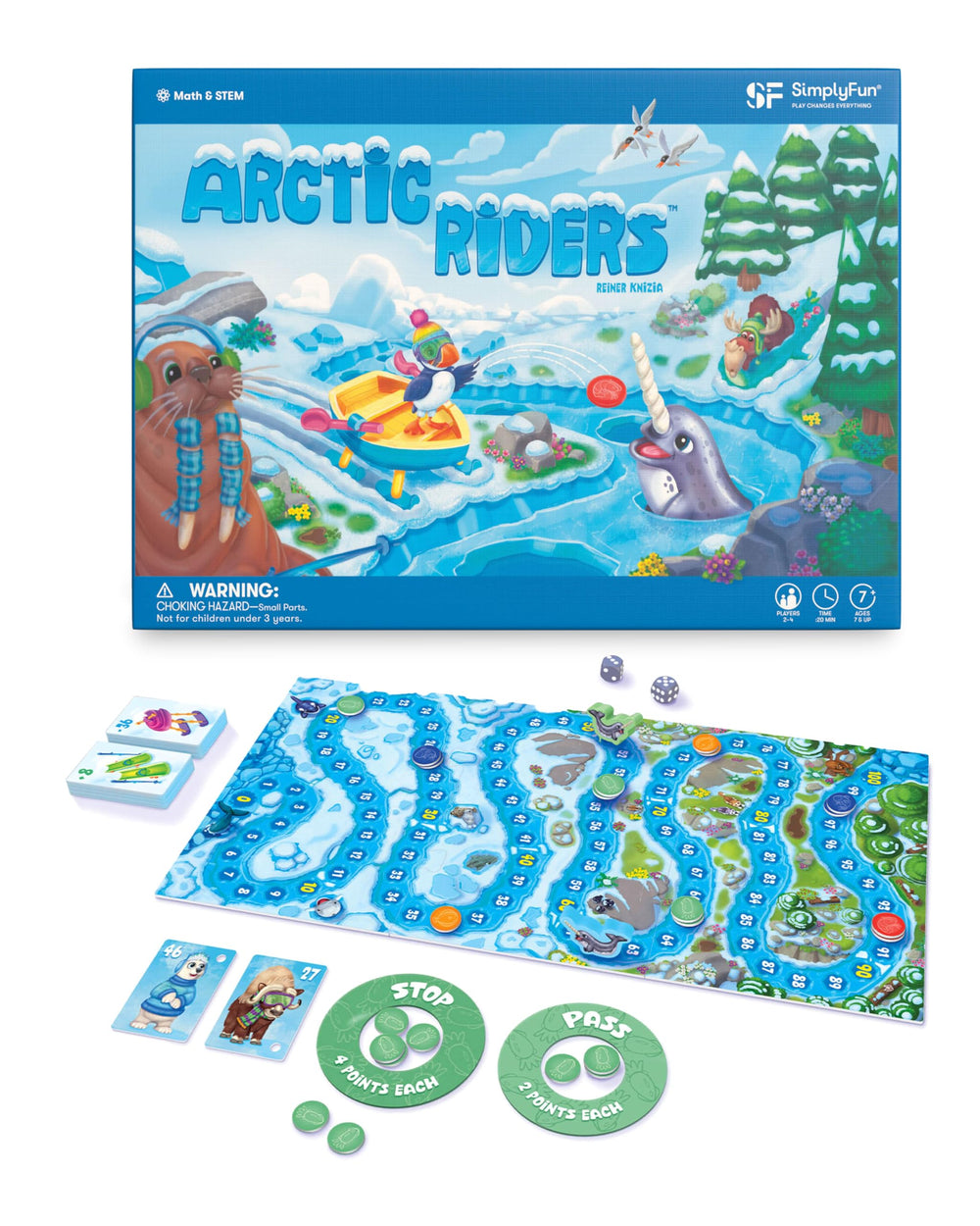 SimplyFun Arctic Riders gameboard shown for math focused play and family fun