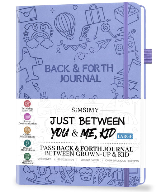 SIMSIMY Just Between You and Me journal cover in light purple, inviting intimate parentβchild moments.
