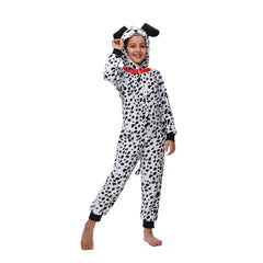 Sincere Party Dalmatians onesie hooded front view showing cozy fleece for kids