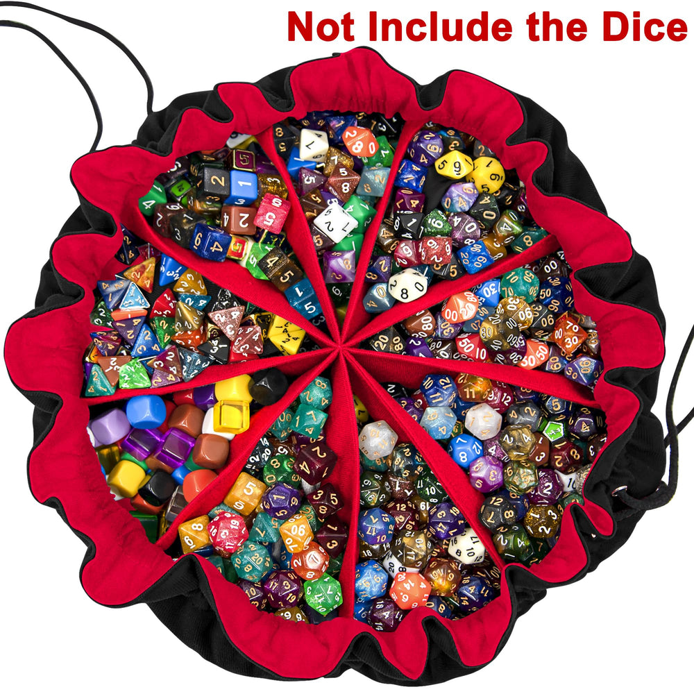 Nine compartments keep dice types neatly separated during sessions.
