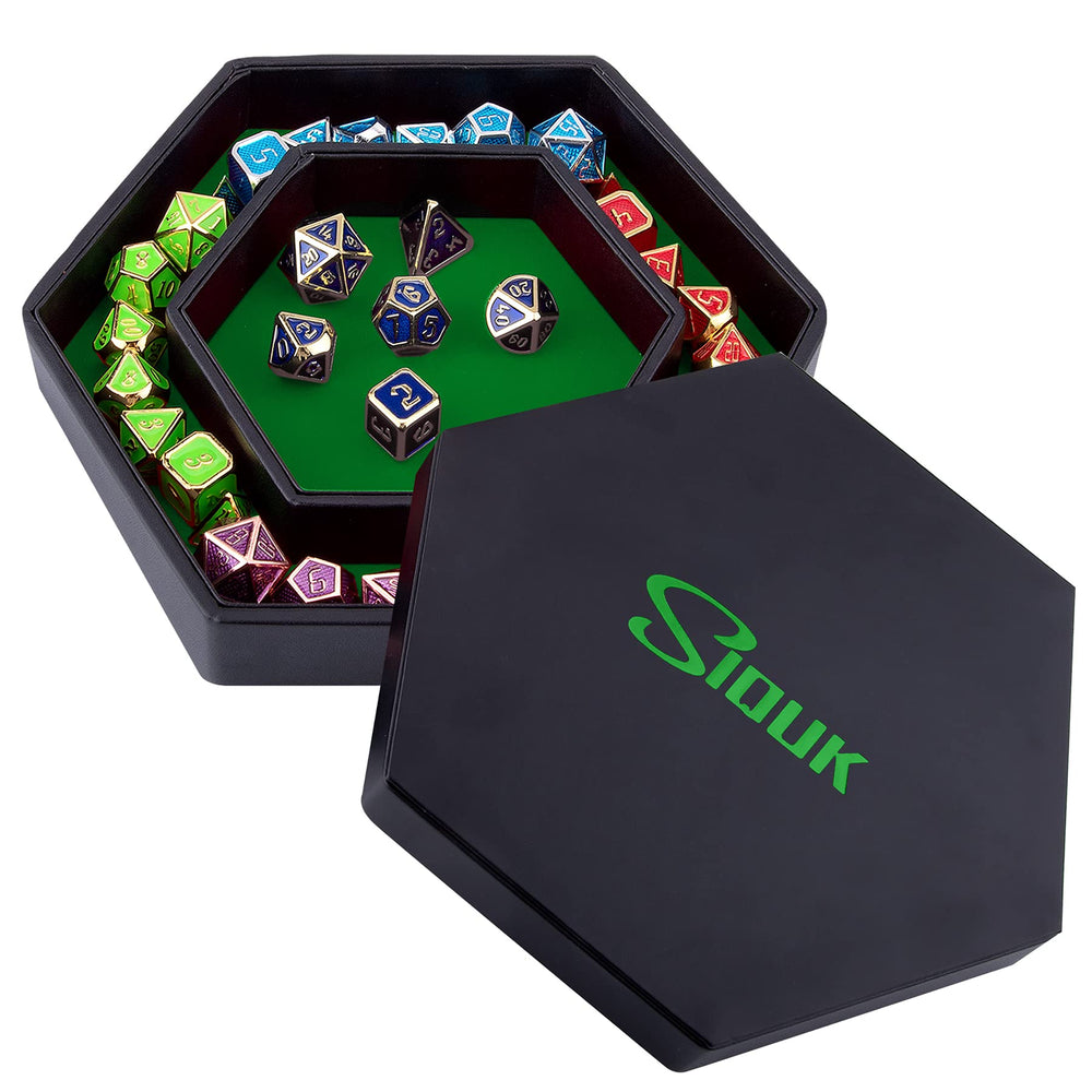 SIQUK dice tray hexagon with lid in green velvet interior for quiet dice rolling