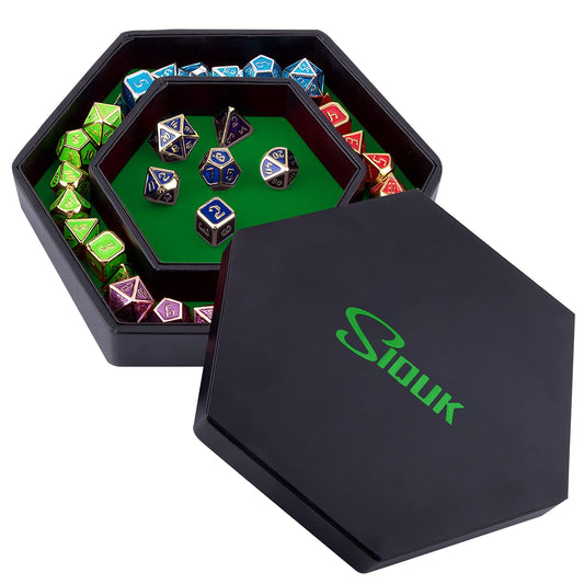 SIQUK dice tray hexagon with lid in green velvet interior for quiet dice rolling