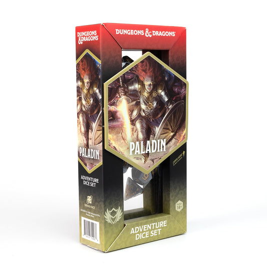 Sirius Dice Paladin white-grey set on table for clear reads and reliable rolls.