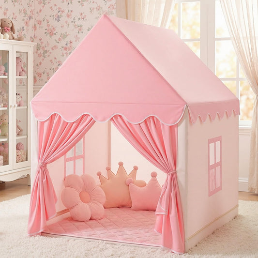 SISTICKER kids play tent in pink princess castle, ideal for imaginative indoor play.