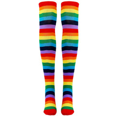 Skeleteen Colorful Rainbow Striped Socks over the knee for vibrant cosplay and costumes.
