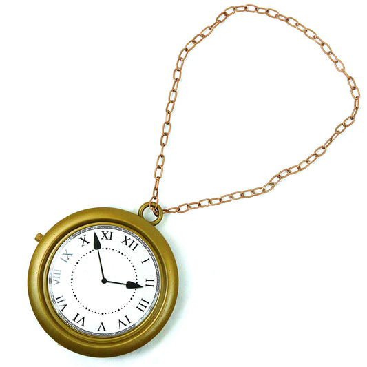 Skeleteen Gold Clock Necklace with an 8-inch clock pendant for playful costumes.