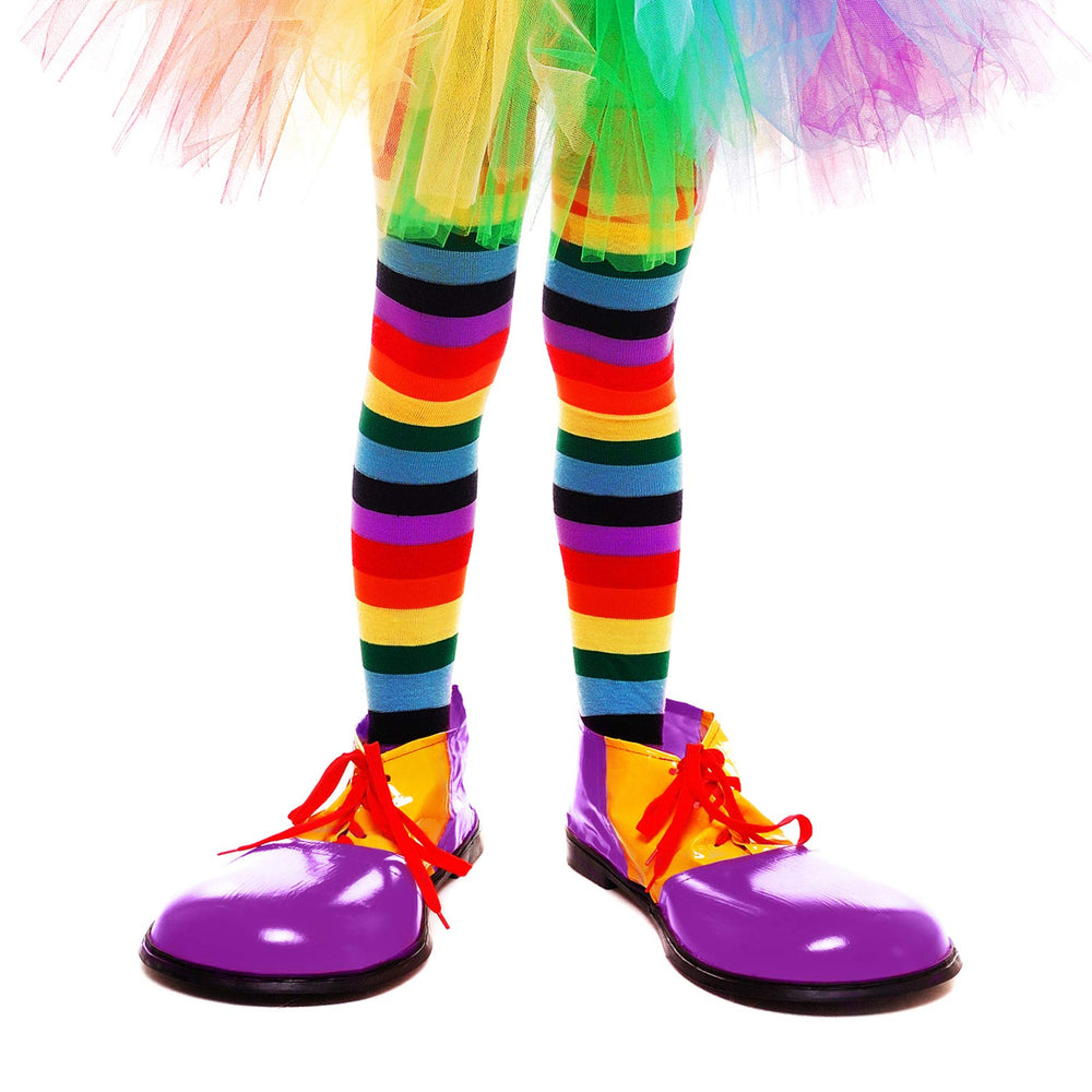 Skeleteen rainbow-striped thigh-highs for bold looks at carnivals and events.