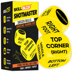 Skill Blox Soccer Training Dice roll guiding a player toward a challenging shot selection.