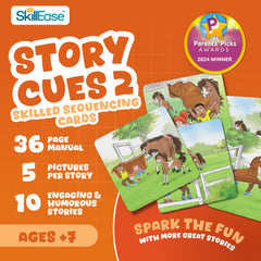 SkillEase Story Cues 2 activity cards laid out for classroom use and practice