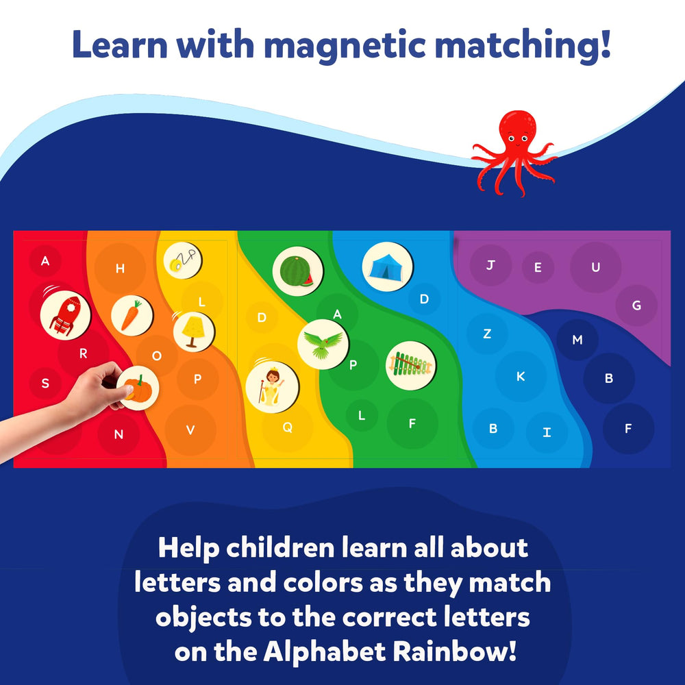 Skillmatics Alphabet Rainbow color-matching activity strengthens color identification and letter-sound connections.
