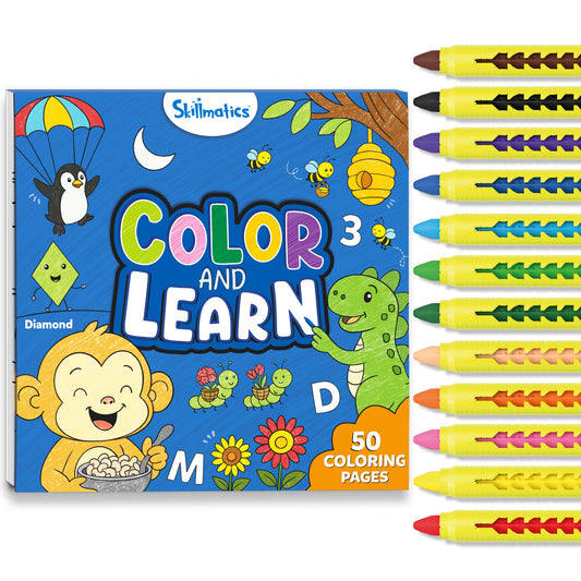 Skillmatics Color & Learn book cover showcasing a bright, kid-friendly setup.