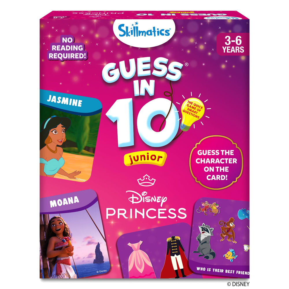 Skillmatics Disney Princess Guess in 10 packaging shown for travel-friendly play.
