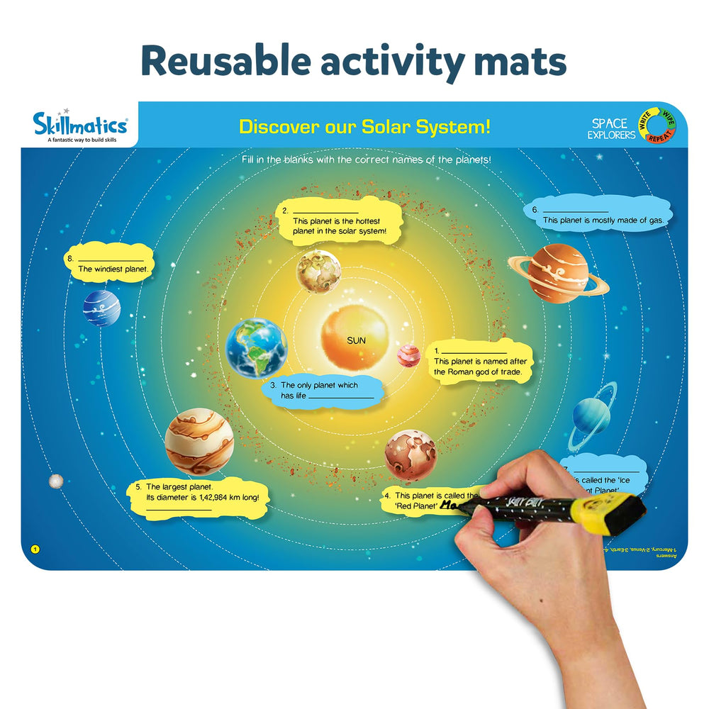 Skillmatics dry erase markers provide erasable writing on mats for repeated use