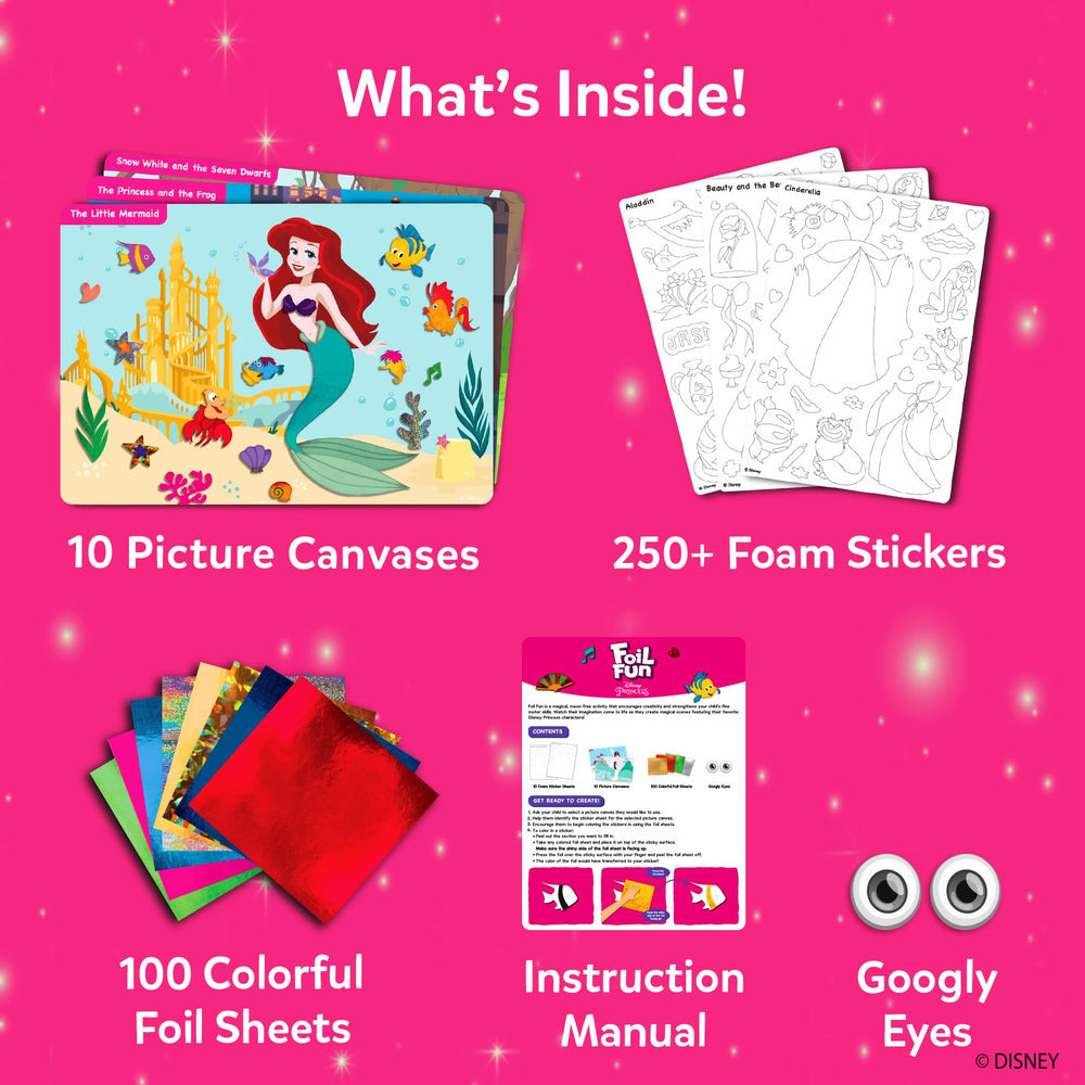 Skillmatics Foil Fun Disney Princess picture canvases invite imaginative scenes and repeated use.