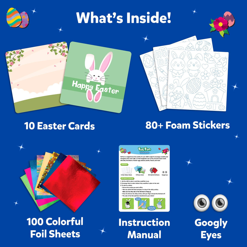 Skillmatics Foil Fun Easter cards include googly eyes for playful, kid-friendly crafts.