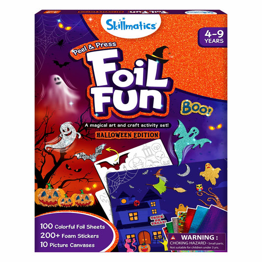 Skillmatics Foil Fun Halloween kit image showing the mess-free craft setup and kit contents