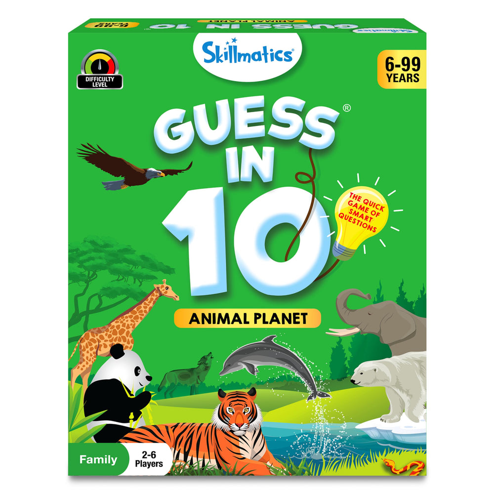 Skillmatics Guess in 10 Animal Planet game cards spread for quick animal guessing with family