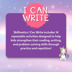 Skillmatics I Can Write Unicorns learning skills cover patterns counting and letters.