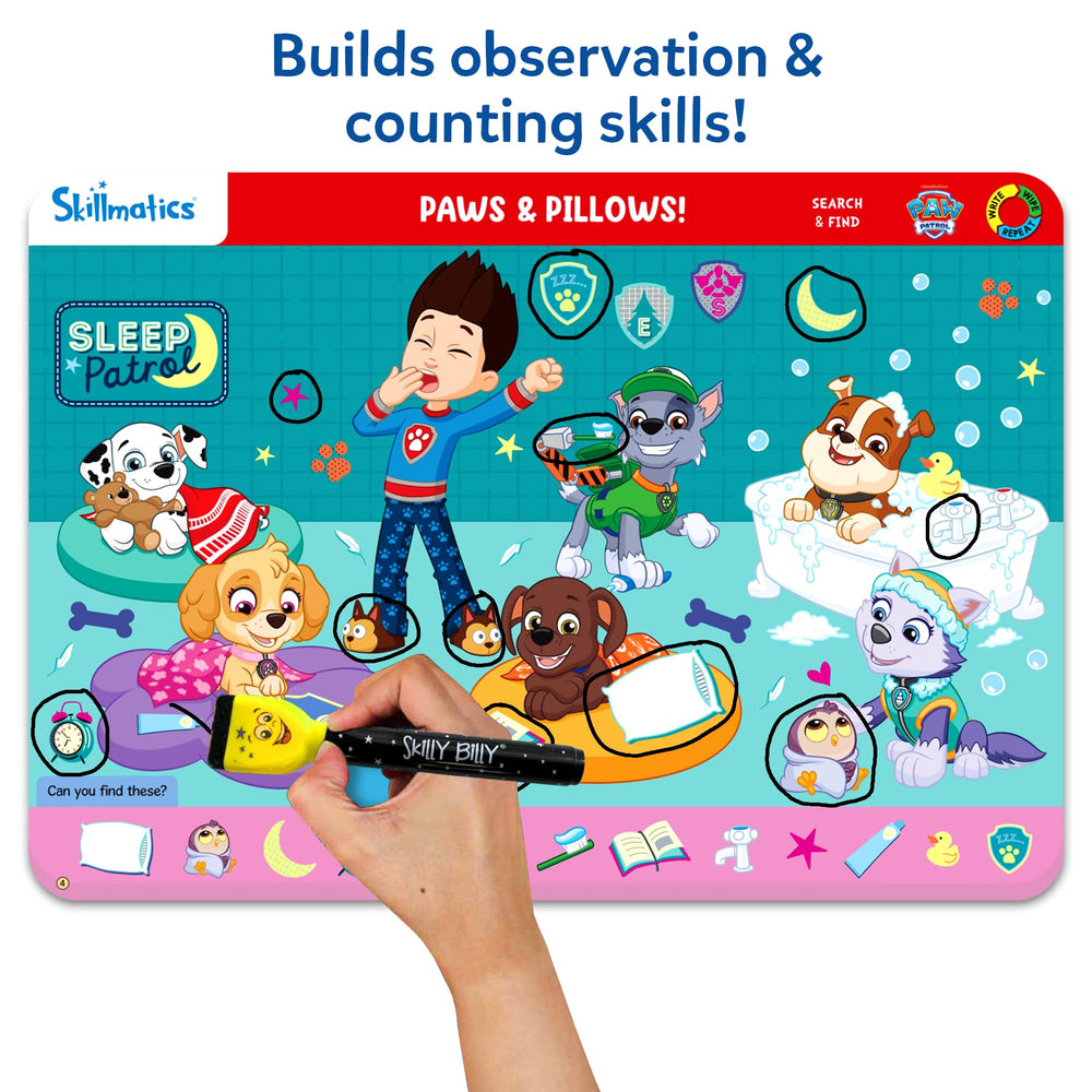Skillmatics PAW Patrol mats show Rubble scene to reinforce spatial reasoning and hand-eye coordination