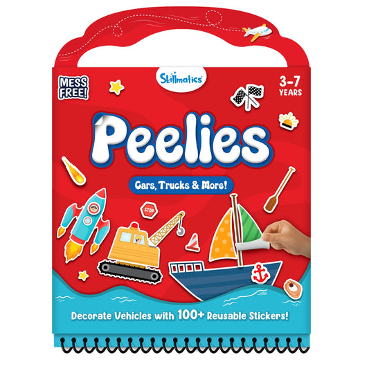 Skillmatics Peelies sticker activity book cover for travel-friendly, mess-free play.
