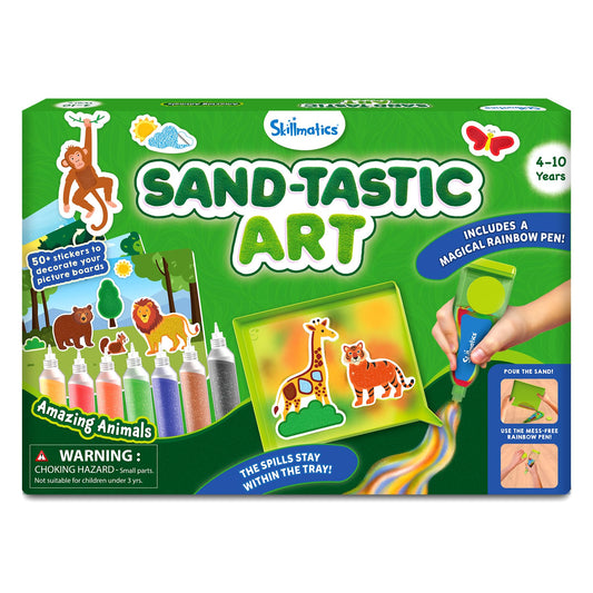 Skillmatics Sand Art Activity Kit tray keeps mess contained for focused creativity.