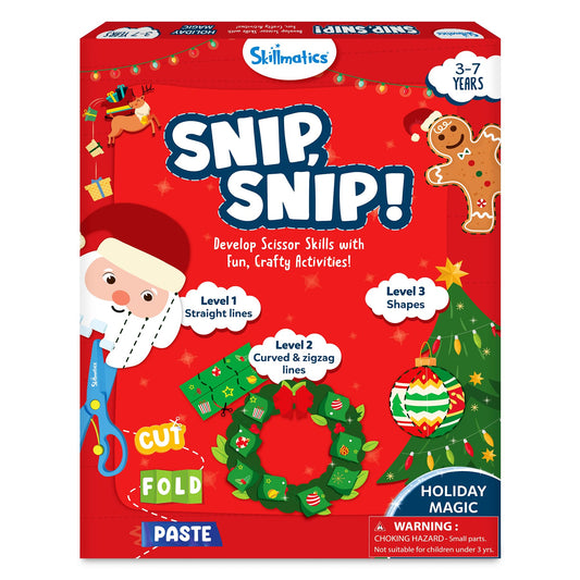 Skillmatics Snip Snip activity book cover showing festive cutting tasks for kids to practice fine motor skills